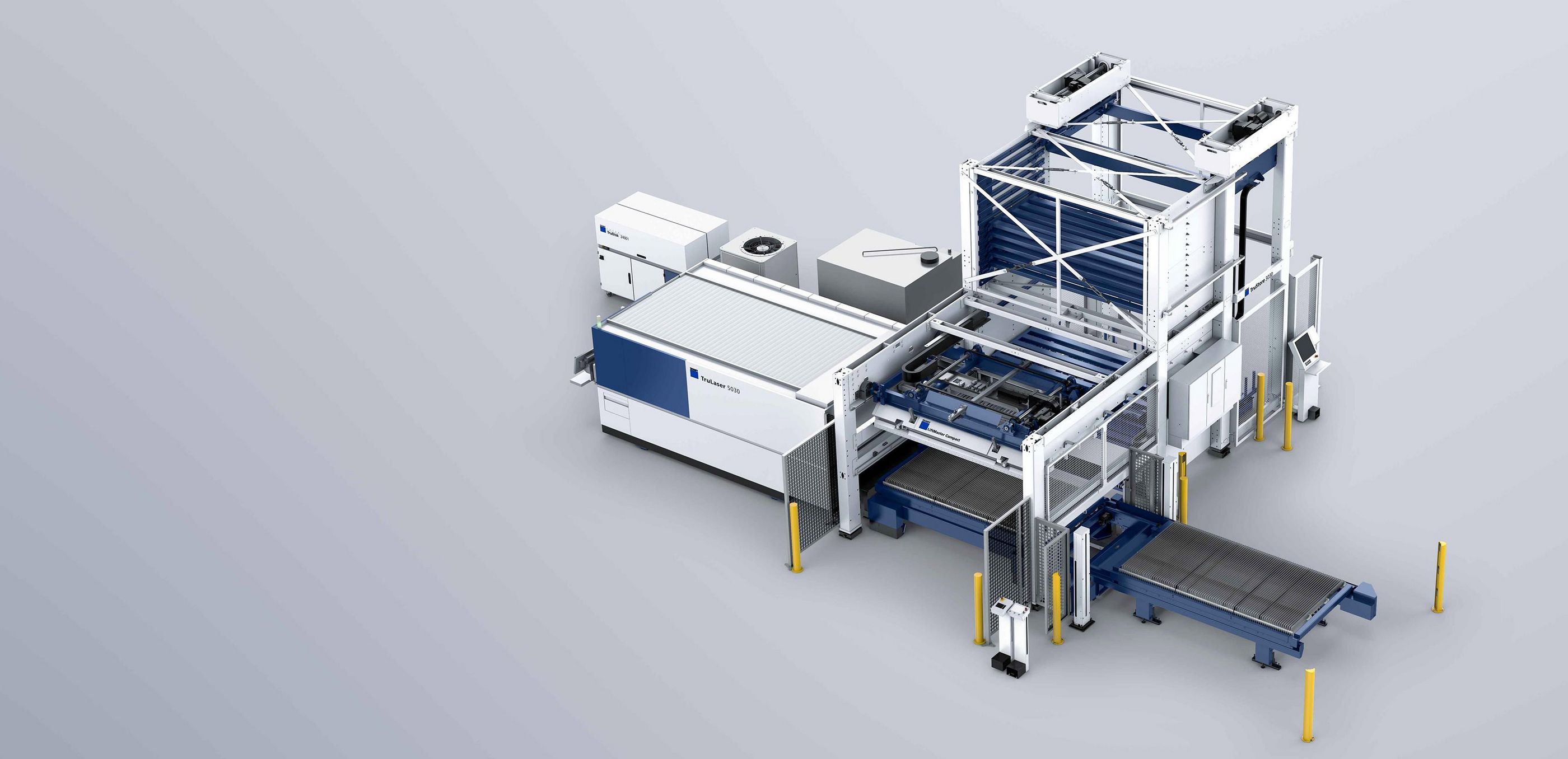 第3パレットステーションを装備した2Dレーザ加工機の3D画像